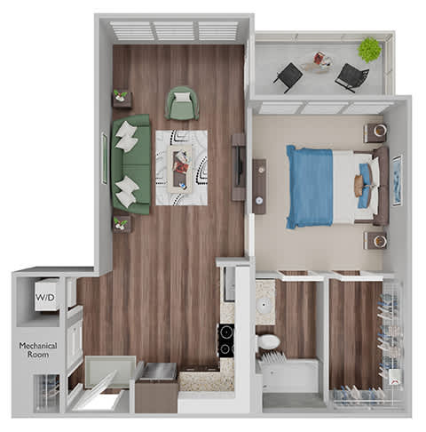 A12 - 1 Bed-1Bath - 3D floor plan