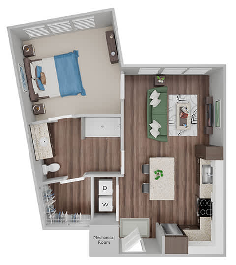 A13 - 1 Bed-1Bath - 3D floor plan