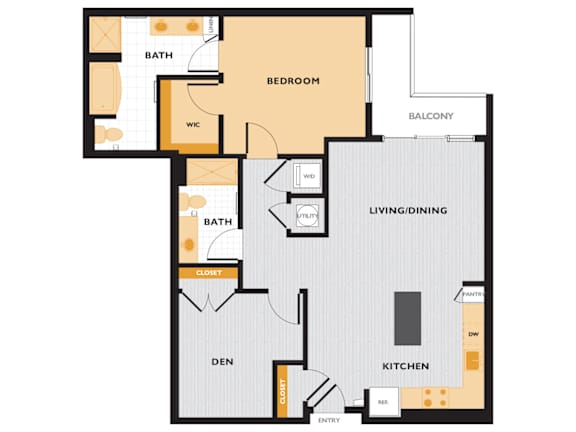 A13 - 1Bed 1 Bath with Den - The Perry 2D Floor Plan