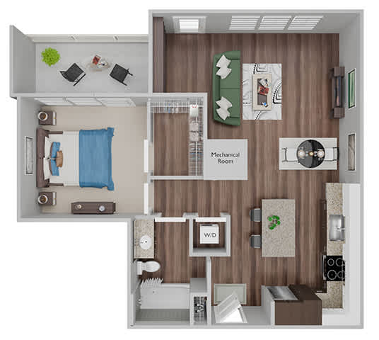 A14 - 1 Bed-1Bath - 3D floor plan
