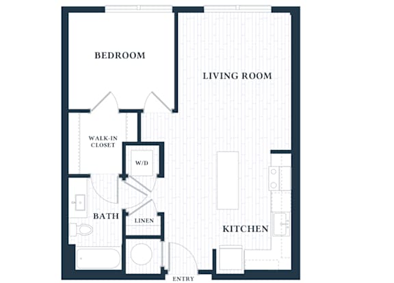 A floor plan of a small apartment with a bedroom, living room, kitchen, and bathroom.