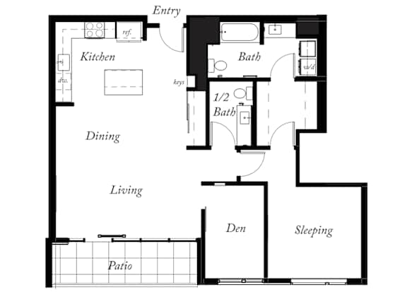 A18 - 1 Bed -1 and a half Bath - 1019 Sq Ft - 2D - Willow Apartments