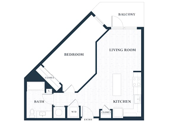 A floor plan of a house with a living room, kitchen, bedroom, bathroom and closets.