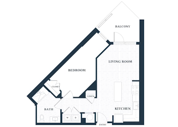 A floor plan of a house with a balcony, living room, kitchen, bath, bedroom, and closet.
