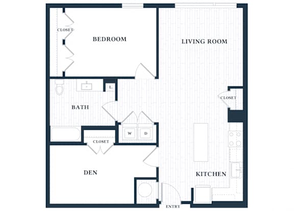 A floor plan of a house with a bedroom, living room, kitchen, bathroom, and den.