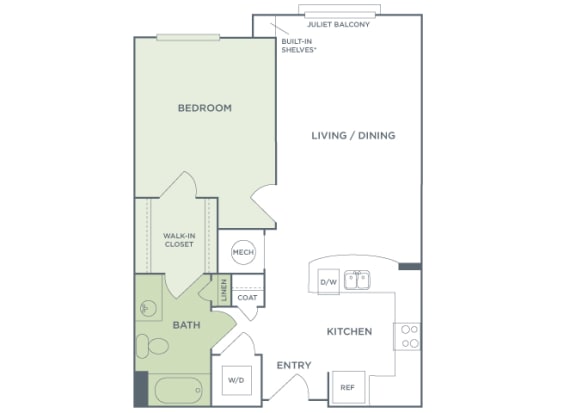 Urban Green Apartments A2 floor plan - 1 bed 1 bath - 2D