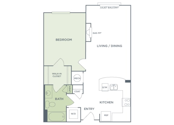 Urban Green Apartments A3 floor plan - 1 bed 1 bath - 2D