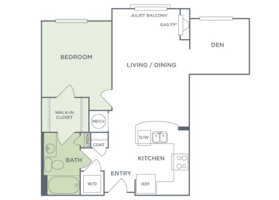 Urban Green Apartments A5 floor plan - 1 bed 1 bath - 2D