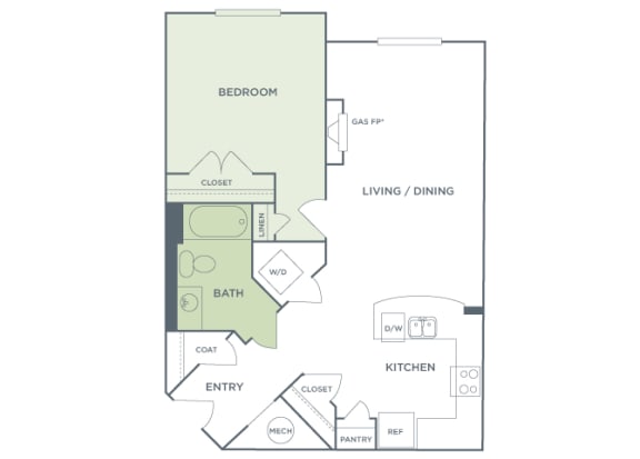 Urban Green Apartments A6 floor plan - 1 bed 1 bath - 2D