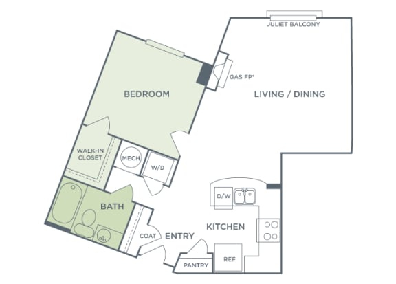 Urban Green Apartments A8 floor plan - 1 bed 1 bath - 2D