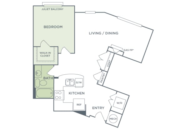 Urban Green Apartments A9 floor plan - 1 bed 1 bath - 2D