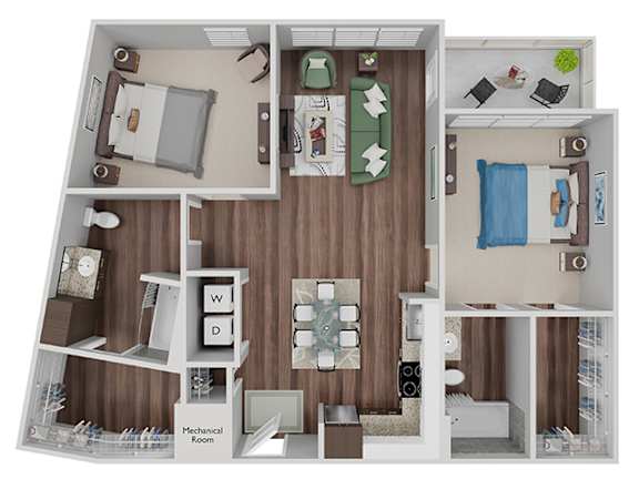 B3 - 2Bed-2Bath - 3D floor plan