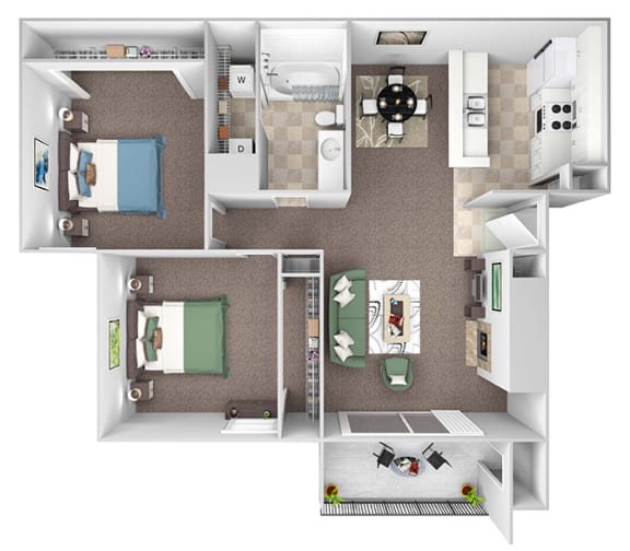 East Chase - B1 floor plan - 2 beds 1 bath - 3D