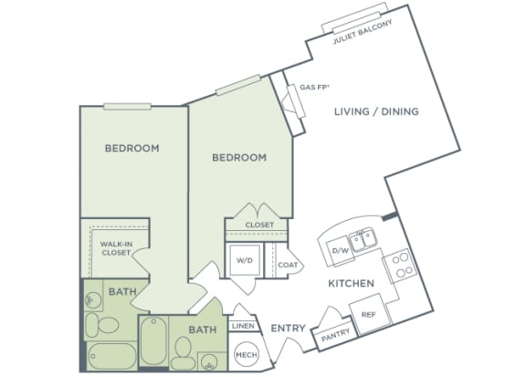 Urban Green Apartments B10 floor plan - 2 bed 2 bath - 2D