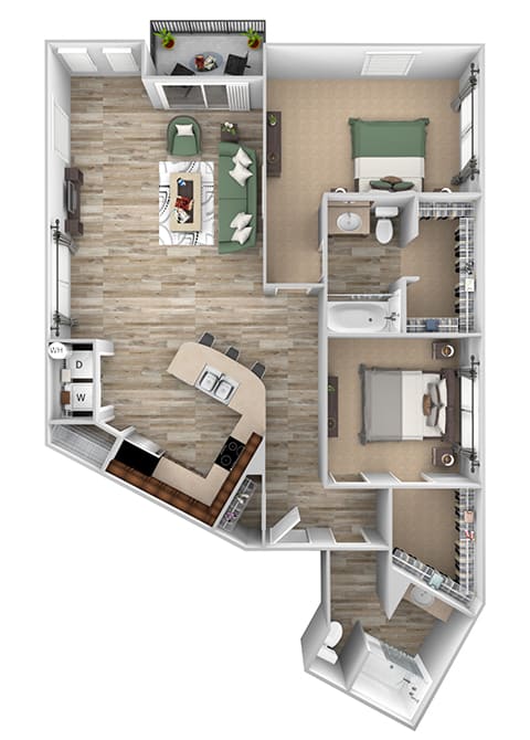 ABQ Uptown Apartments - B10 (1) - 2 bedroom and 2 bath - 3D floor plan