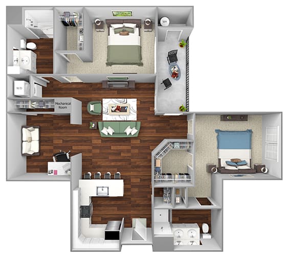 B11 - 2 Bed - 1Den - 2 Bath - The Airdrie at Paoli Station - 3D Floor Plan