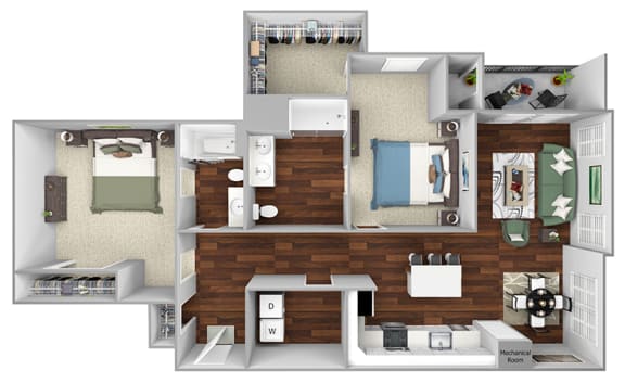 B13 - 2 Bed - 2 Bath - The Airdrie at Paoli Station - 3D Floor Plan