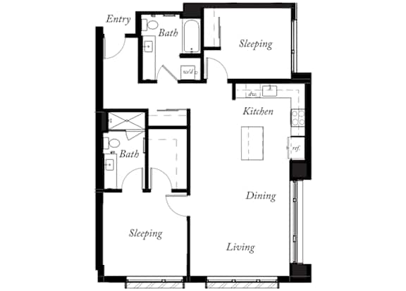 B14 - 2 Bed - 2 Bath - 1085 Sq Ft - 2D - Willow Apartments