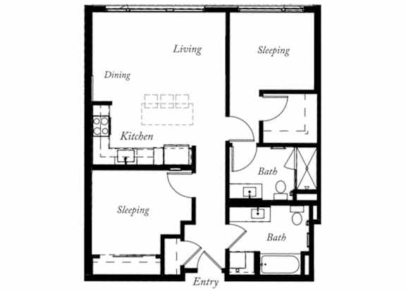 B18 - 2 Bed - 2 Bath - 908 Sq Ft - 2D - Willow Apartments