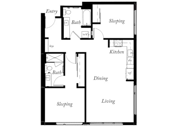 B19 - 2 Bed - 2 Bath - 980 Sq Ft - 2D - Willow Apartments