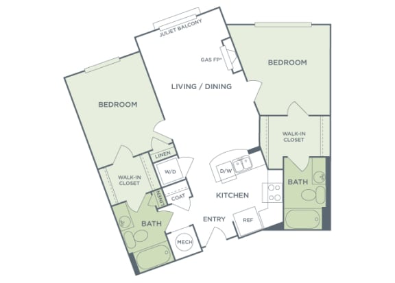 Urban Green Apartments B1 floor plan - 2 bed 2 bath - 2D