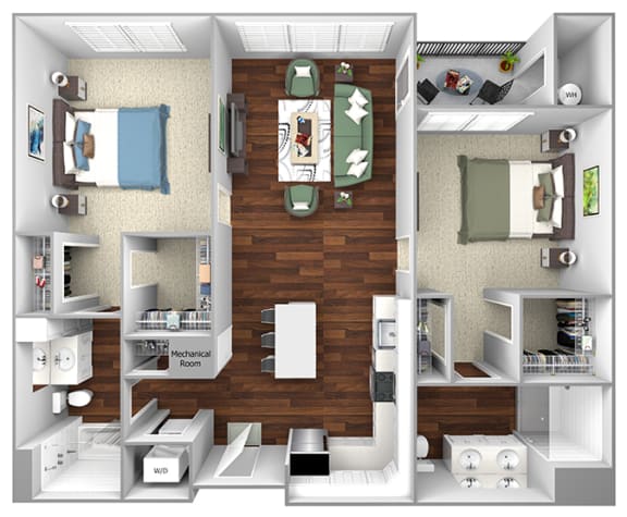 B1 - 2 Bed - 2 Bath - The Airdrie at Paoli Station - 3D Floor Plan
