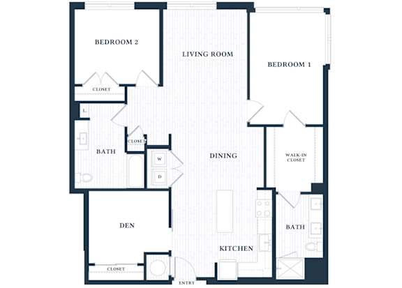 A floor plan of a house with two bedrooms, a living room, a dining area, a kitchen, a bathroom, a den, and an entry point.