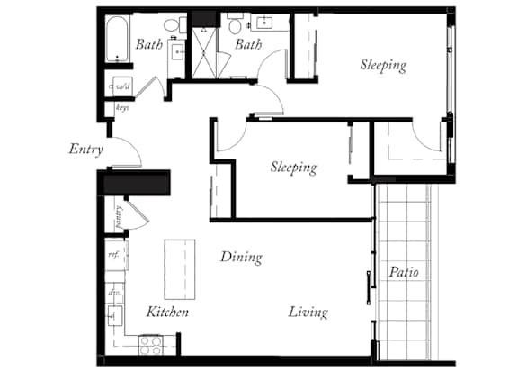 B25 - 2 Bed - 2 Bath - 1144 Sq Ft - 2D - Willow Apartments