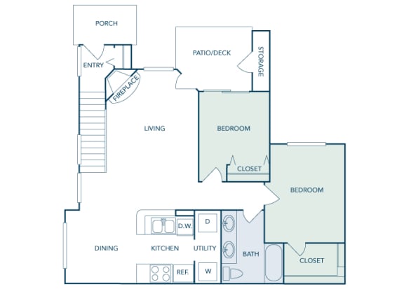 B2 - 2Bed 1Bath - 959 Sq Ft - 2D