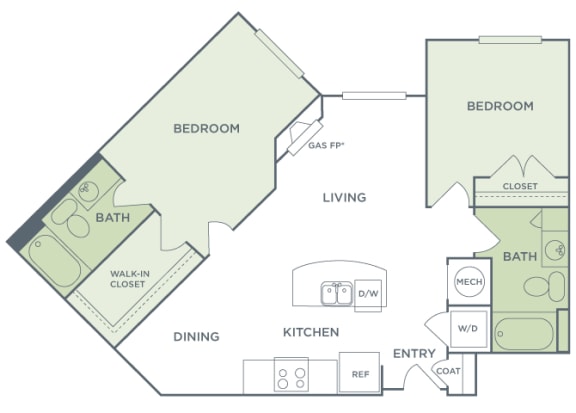 Urban Green Apartments B2 floor plan - 2 bed 2 bath - 2D