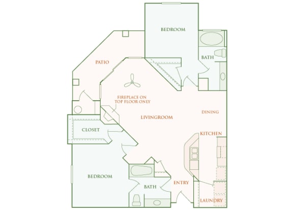 Willow Springs Apartments floor plan B2 Cambridge 2 bed 2 bath 2D