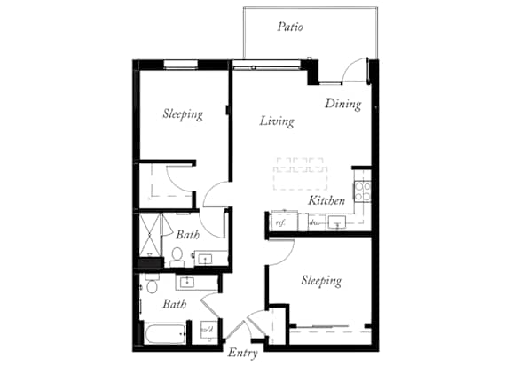 B2 - 2 Bed - 2 Bath - 927 Sq Ft - 2D - Willow Apartments