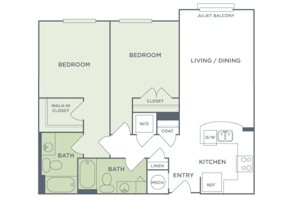 Urban Green Apartments B3 floor plan - 2 bed 2 bath - 2D