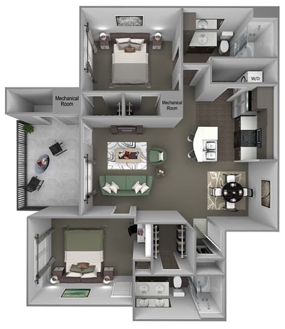 Foothills at Old Town - B3 (White Alder) - 2 bedrooms and 2 bath - 3D floor plan