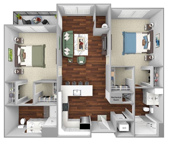 B4 - 2 Bed - 2 Bath - The Airdrie at Paoli Station - 3D Floor Plan