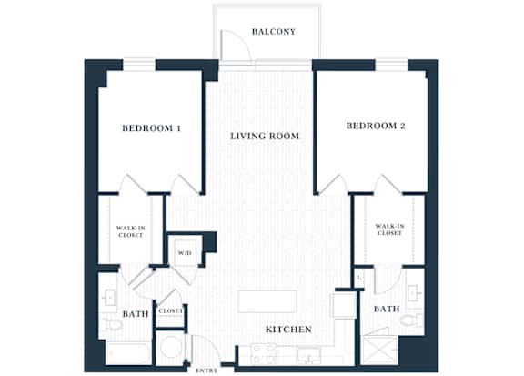 A floor plan of a house with two bedrooms, a living room, a kitchen, two bathrooms, and a balcony.