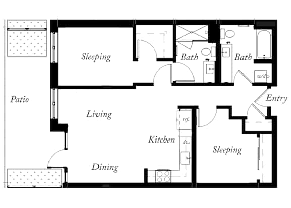 B5 - 2 Bed - 2 Bath - 947 Sq Ft - 2D - Willow Apartments