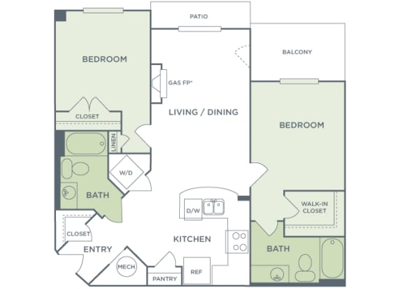 Urban Green Apartments B6 floor plan - 2 bed 2 bath - 2D