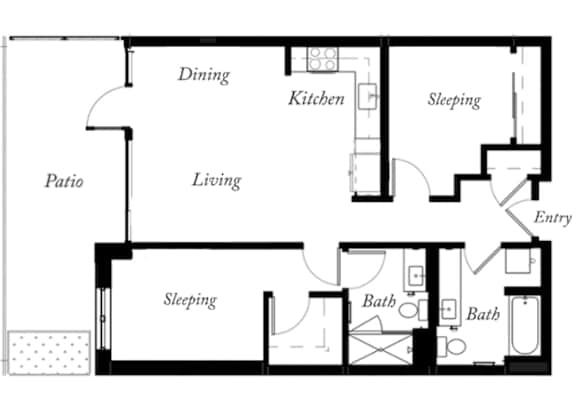 B6 - 2 Bed - 2 Bath - 937 Sq Ft - 2D - Willow Apartments