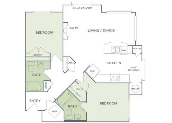 Urban Green Apartments B7 floor plan - 2 bed 2 bath - 2D
