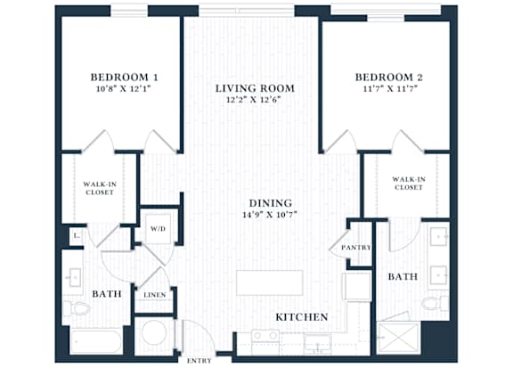 A floor plan of a house with two bedrooms, a living room, a dining room, a kitchen, a bathroom, and an entry.