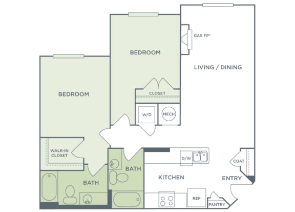 Urban Green Apartments B8 floor plan - 2 bed 2 bath - 2D