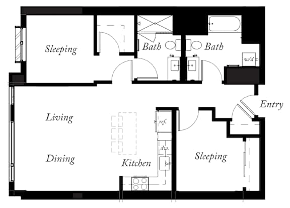 B9 - 2 Bed - 2 Bath - 972 Sq Ft - 2D - Willow Apartments