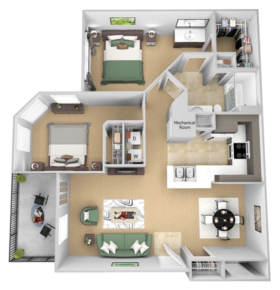 Asprey floor plan - B1 Bond - 2 bedroom and 1 bath -  3D Floor Plan