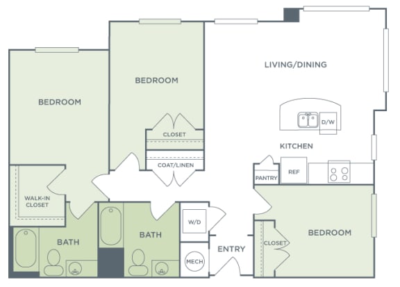 Urban Green Apartments C1 floor plan - 3 bed 2 bath - 2D