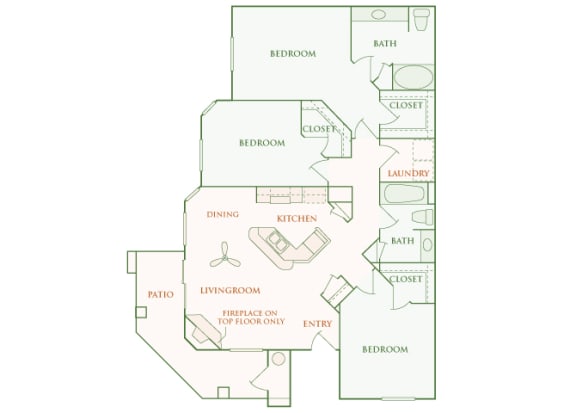 Willow Springs Apartments floor plan C1 Dover 3 bed 2 bath 2D