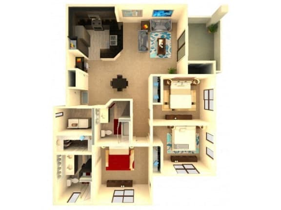 a model of a house withartments and a living room