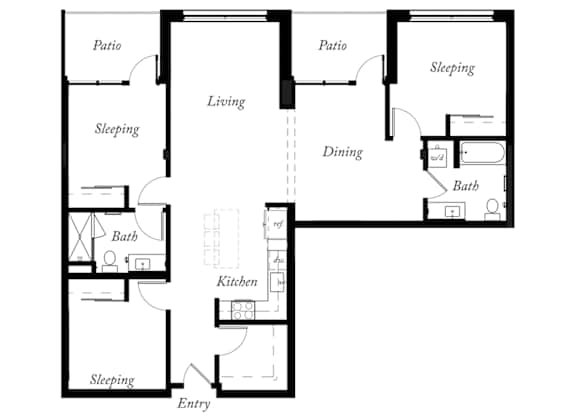 C1 - 3 Bed - 2 Bath - 1371 Sq Ft - 2D - Willow Apartments