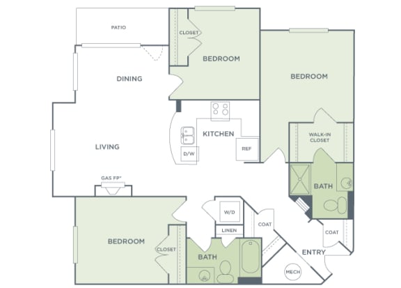 Urban Green Apartments C2 floor plan - 3 bed 2 bath - 2D