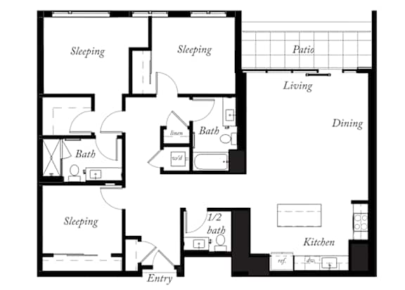 C3 - 3 Bed - 2 and a half Bath - 1467 Sq Ft - 2D - Willow Apartments